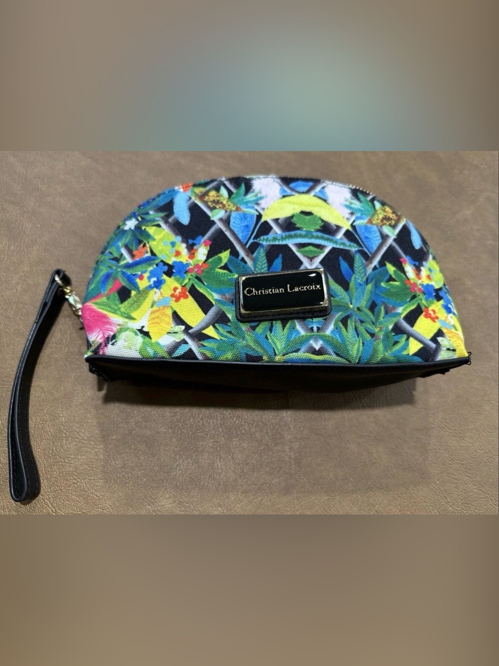 Christian Lacroix Makeup Toiletry Zip Top Bag Black Tropical Wristlet NWOT